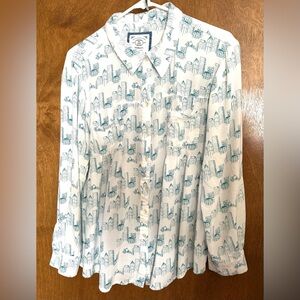 Style & Co. Cityscape White and Teal Button Down Shirt Adjustable Sleeve